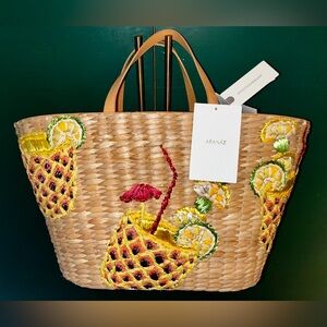 NWT Aranaz Anthropologie Cocktail Tan Embroidered Straw Tote Bag